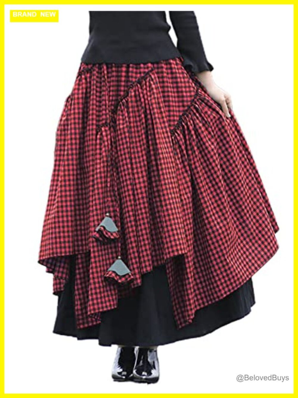 Womens Cotton Linen Maxi A-Line Skirt Elastic Waist Pleated Flared Hem